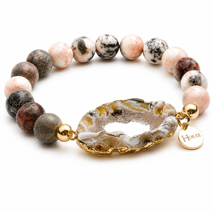 Bracelet GHOST en jaspe rose zébré 10 mm avec agate naturelle et finitions gold