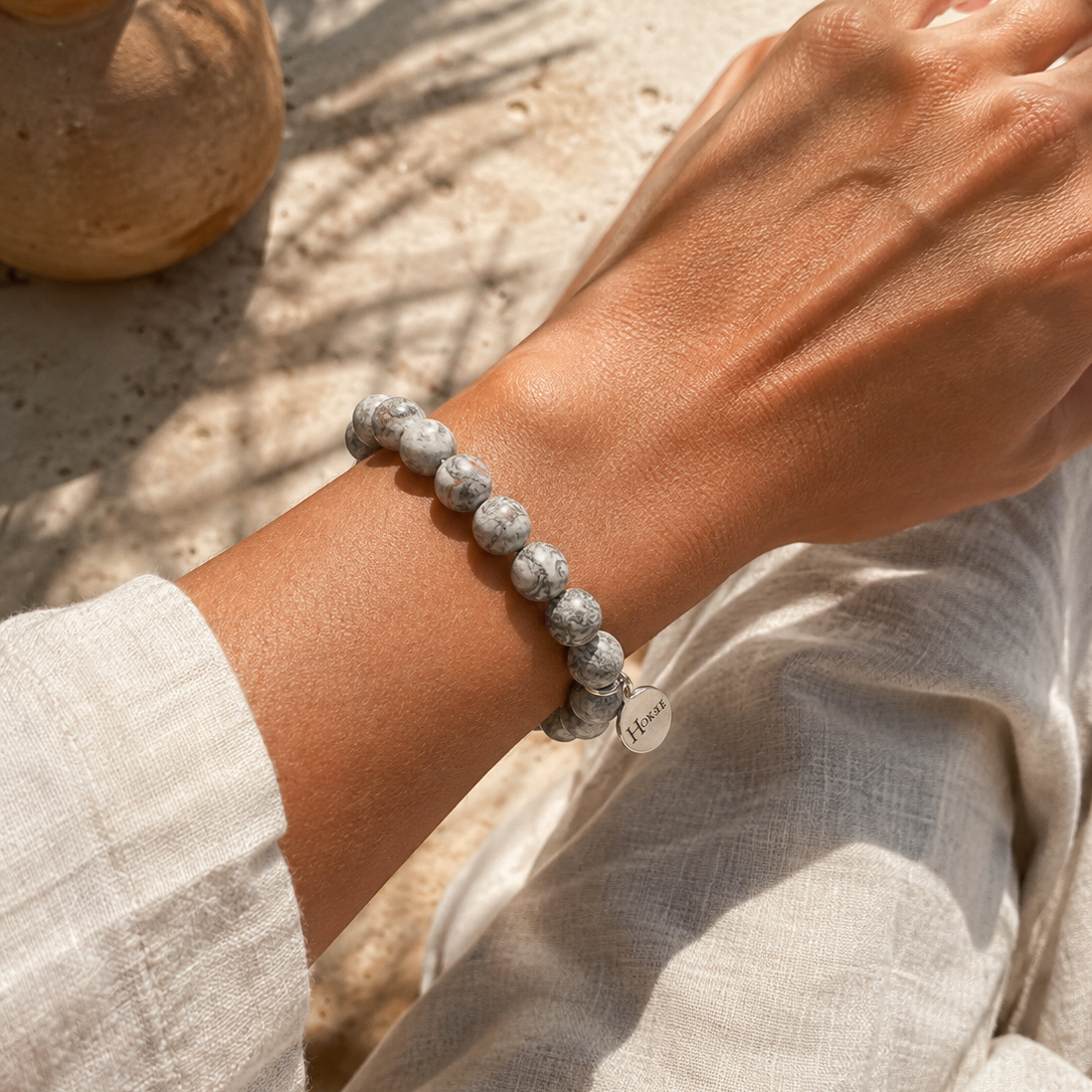 Bracelet POLO jaspe Picasso 10 mm – détail des perles mates