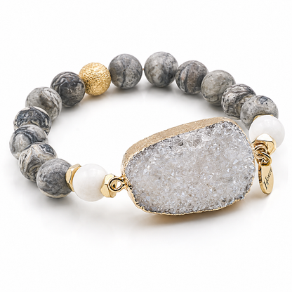Bracelet CLÉMENCE en jaspe Picasso 10 mm et druze d’agate – vue principale