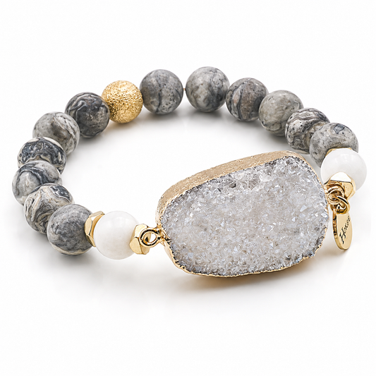 Bracelet CLÉMENCE en jaspe Picasso 10 mm et druze d’agate – vue principale