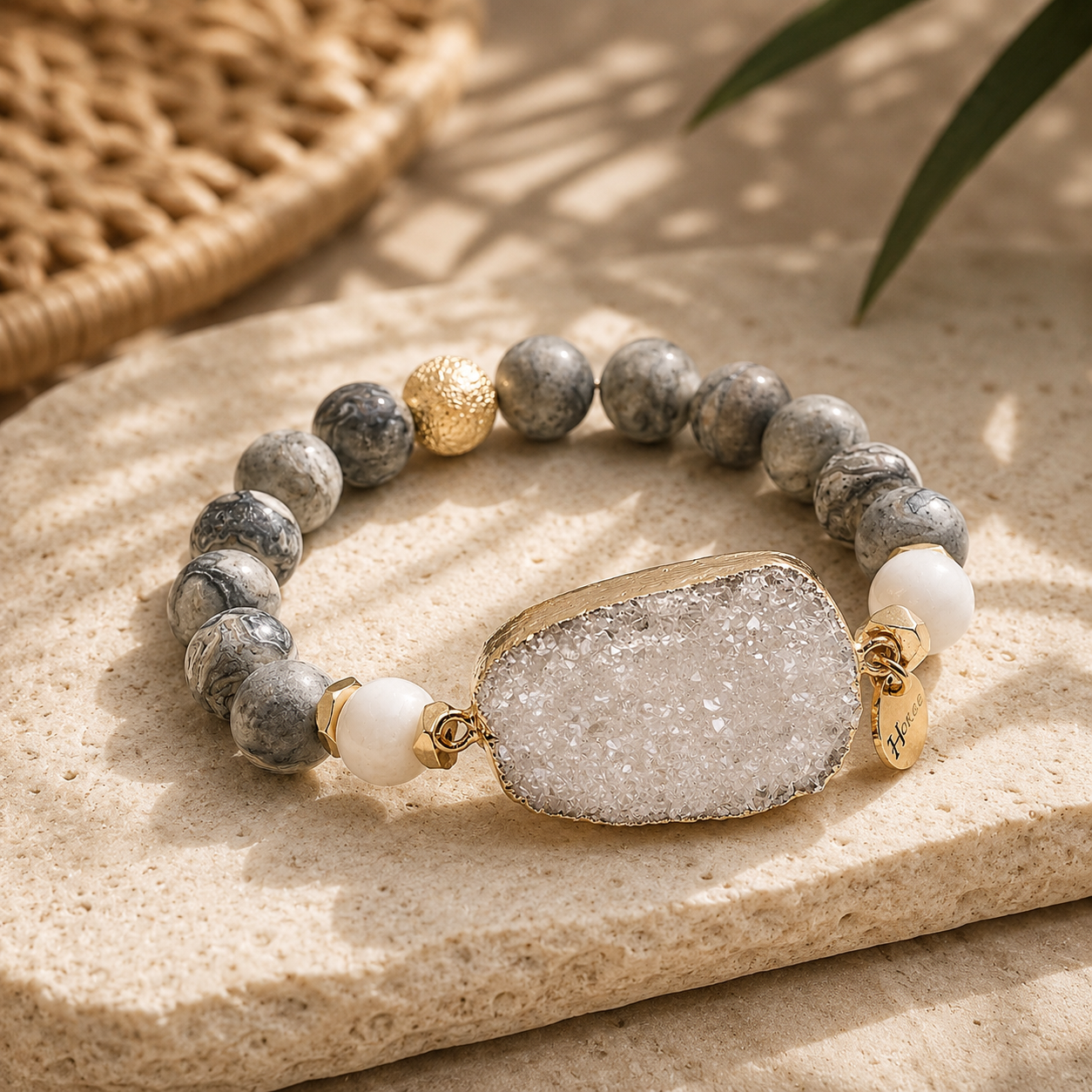 Bracelet CLÉMENCE en jaspe Picasso 10 mm – détail de la druze d’agate et des perles mates