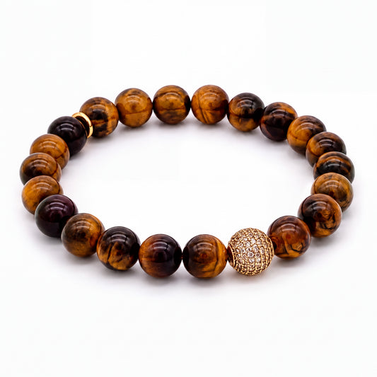 Bracelet CANOPÉE en œil de tigre naturel 8 mm avec boule strass gold – HOKEE