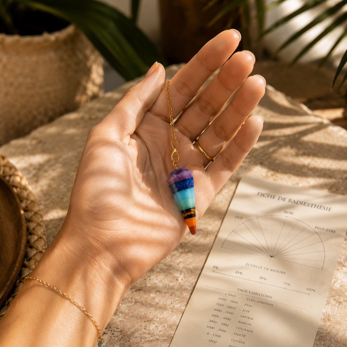 Pendule 7 Chakras HOKEE tenu en main dans une ambiance Bali