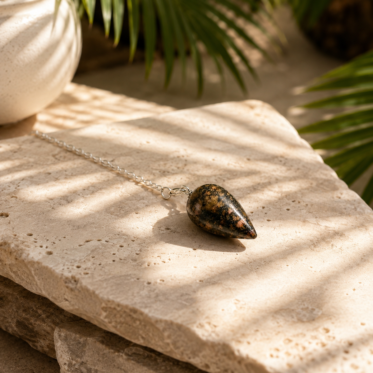 Pendule GOYA en rhodonite naturelle sur socle ambiance Bali