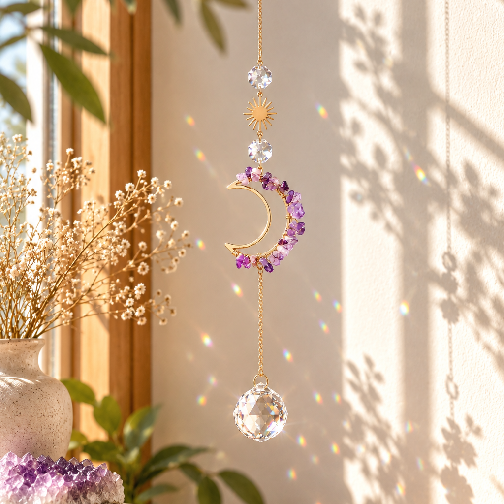Décoration de fenêtre en forme de lune avec améthyste naturelle