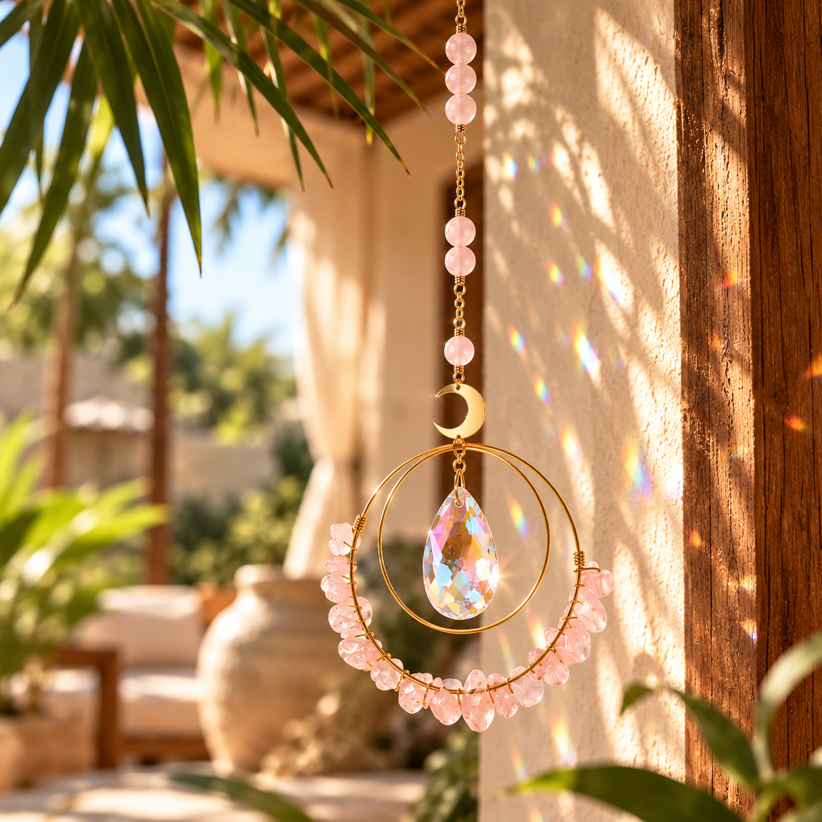 Détail de l’attrape-soleil en quartz rose naturel