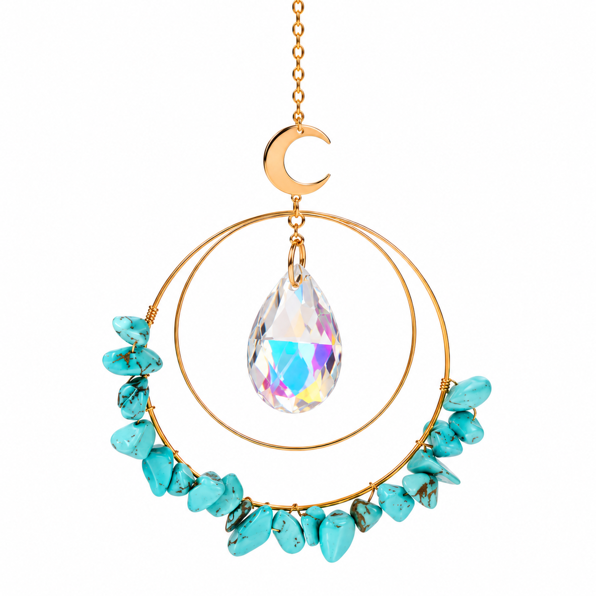 Attrape-soleil Darlyne turquoise, suspension dorée avec cercle, lune et cristal facetté sur fond blanc