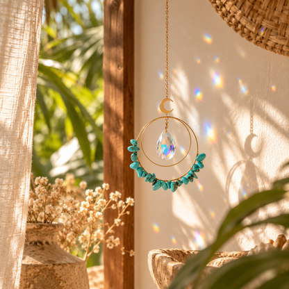 Attrape-soleil turquoise HOKEE suspendu près d'une fenêtre dans une ambiance Bali lumineuse