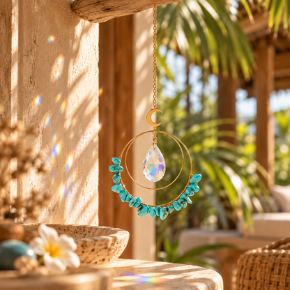 Attrape-soleil Darlyne turquoise, mise en scène tropicale Bali en lumière solaire