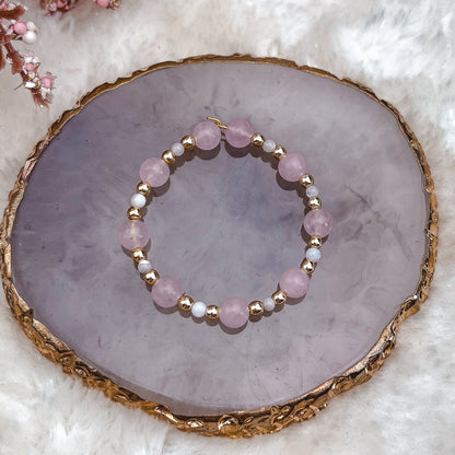 Anneau de bola avec perles de quartz rose et nacre