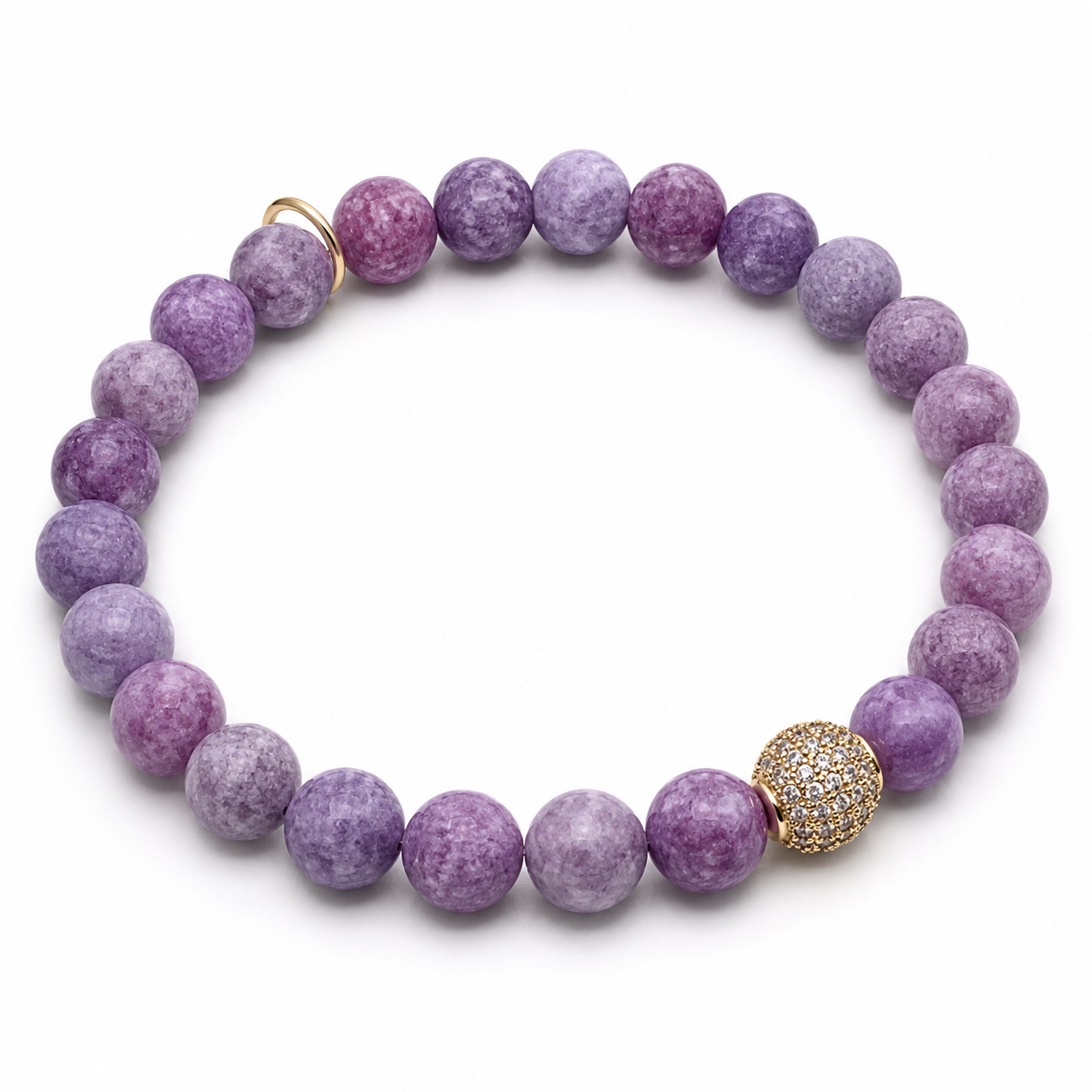 Bracelet CANOPÉE Lépidolite 8 mm avec perle strass gold – HOKEE Minéraux