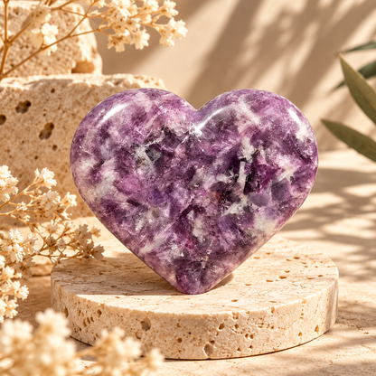 Cœur en lépidolite naturelle sur socle en travertin, univers HOKEE