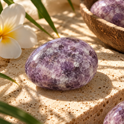 Galet de lépidolite naturelle sur travertin, lumière solaire et ambiance Bali HOKEE