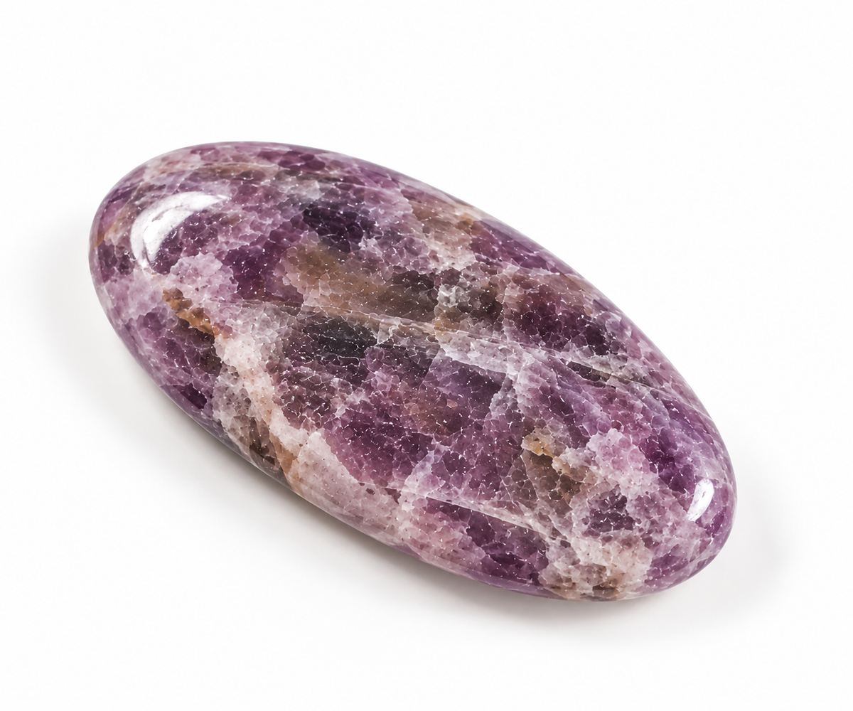 Galet de lépidolite micassée naturelle sur fond blanc – HOKEE Minéraux