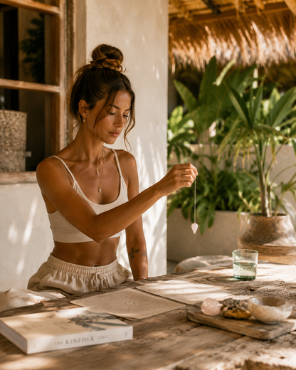 Clean girl wellness utilisant le pendule GOYA en quartz rose à Bali