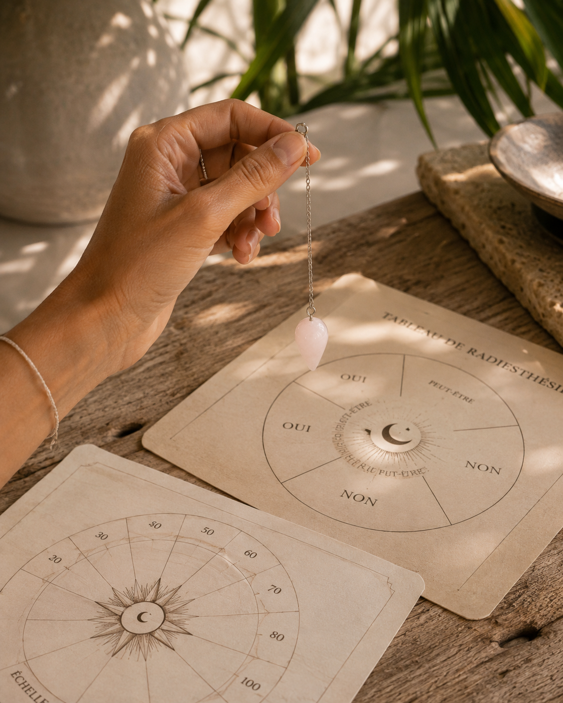 Pendule GOYA en quartz rose tenu en main au-dessus de planches de radiesthésie
