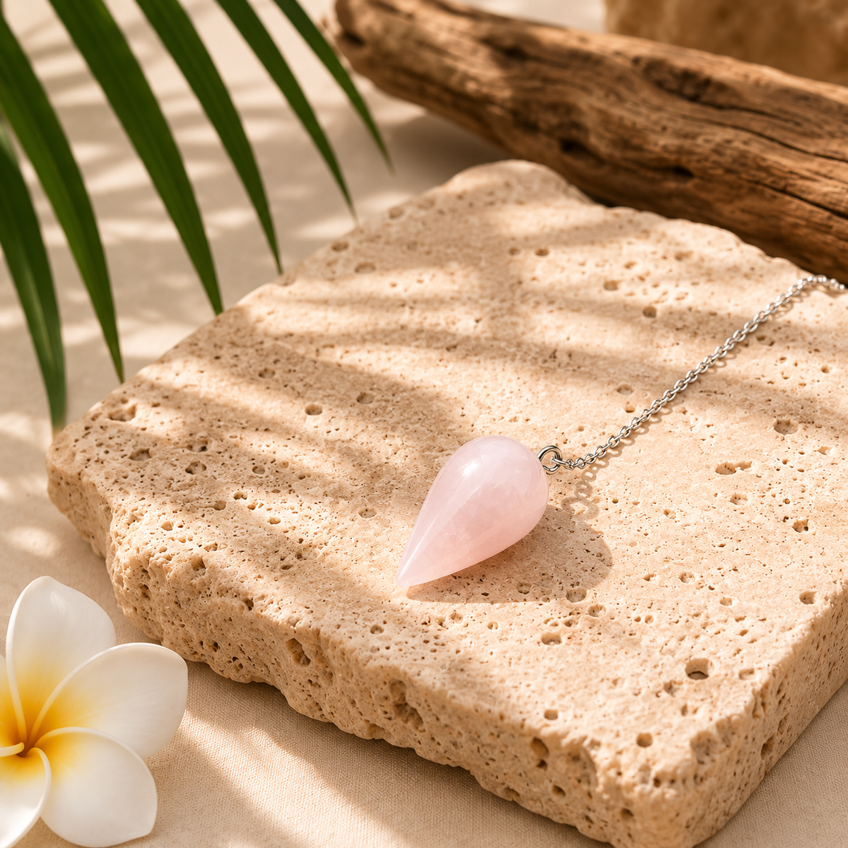 Pendule GOYA en quartz rose posé sur un socle en travertin ambiance Bali